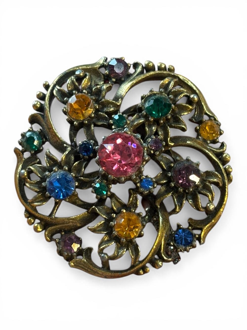 Vintage Coro Rhinestone Floral Brooch Multicolor Gold Tone Swirl 1940s Signed